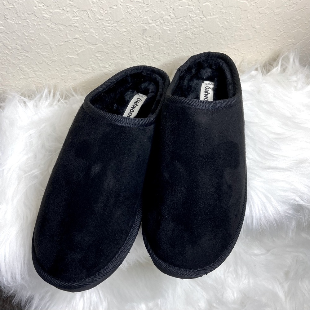 Outwoods Slippers Black Suede Faux Fur Indoor Outdoor Slides Women’s NEW
